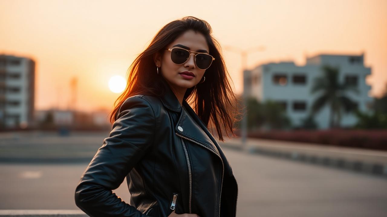 Confident girl in leather jacket at sunset — attitude shayari for girls