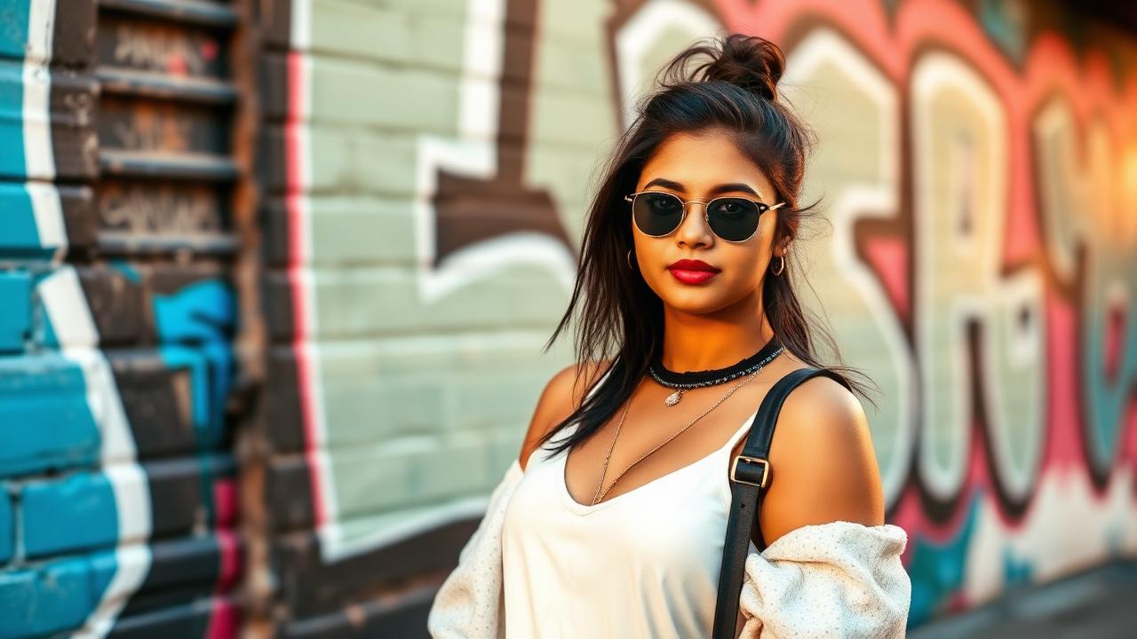 Stylish girl with bold attitude in front of graffiti wall — girls attitude