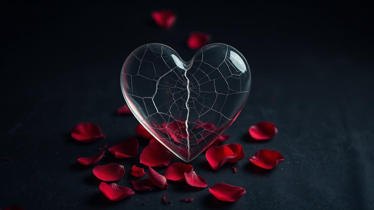 Cracked glass heart with rose petals — broken heart shayari
