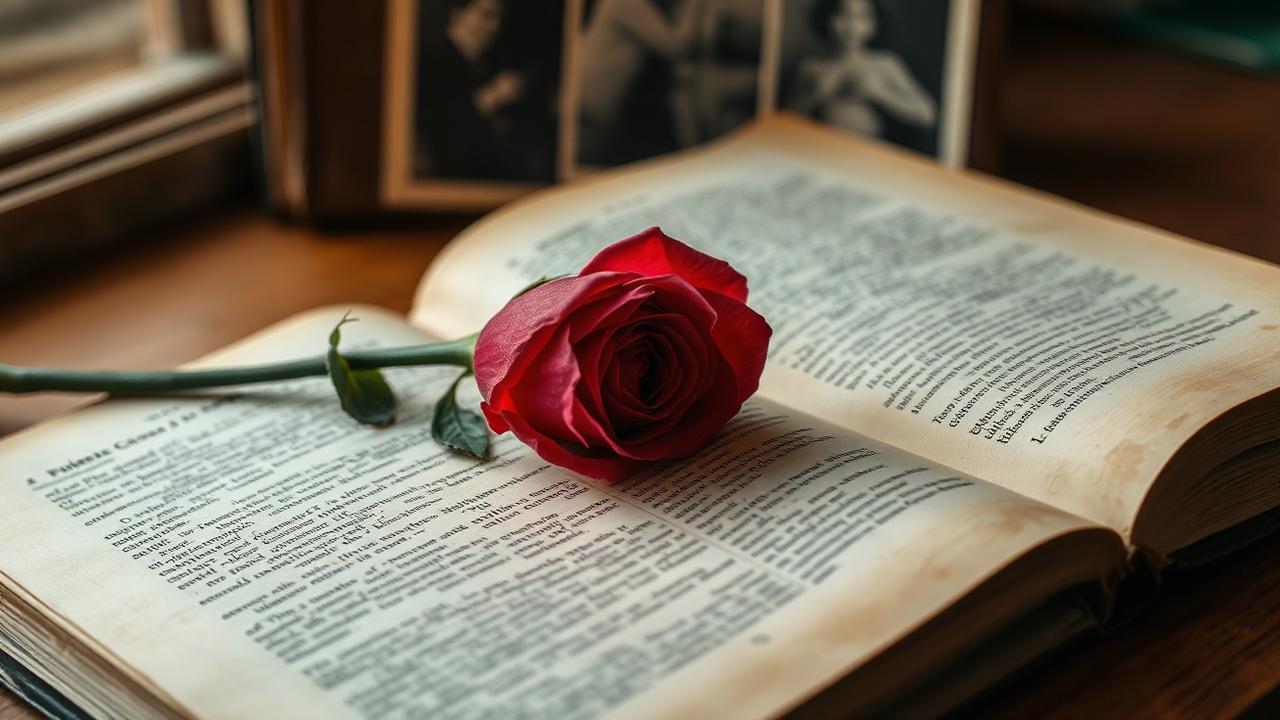 Wilted rose on torn diary pages — dard bhari shayari