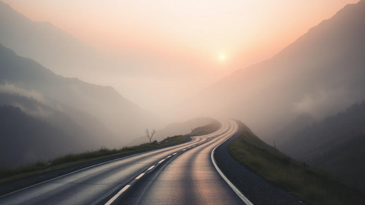 Misty mountain road at dawn — zindagi shayari