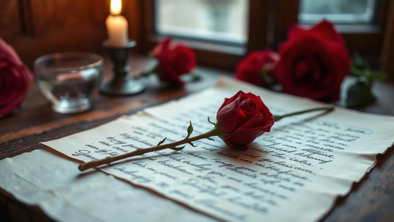 Red rose on an old love letter — miss you love shayari