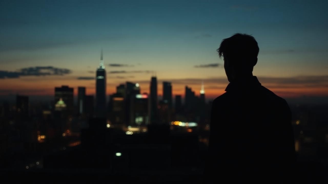 Man silhouette over city skyline at dusk — sad boy mood